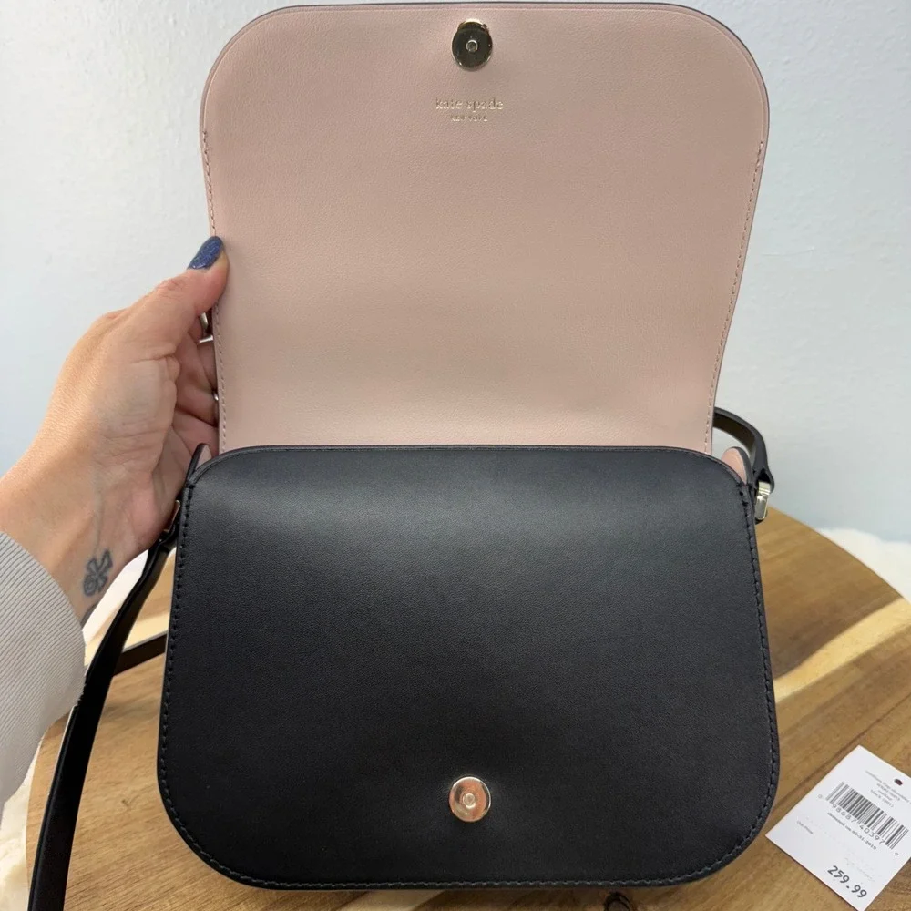 Kate Spade New York Nadine Medium Flap Shoulder Bag Black Leather Crossbody Pink